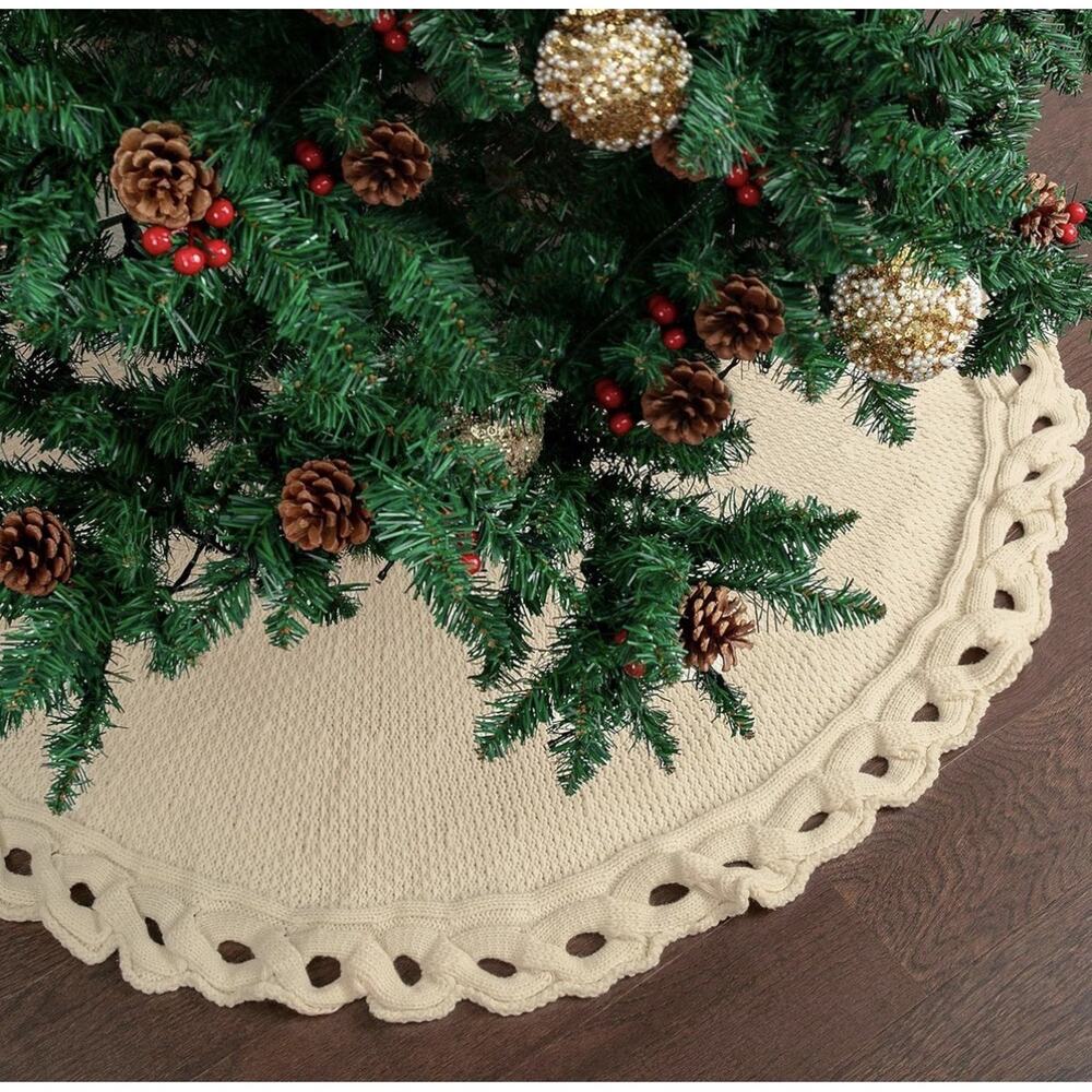 Mr. Pen Christmas Tree Skirt - 36 Inch Knitted Xmas Tree Skirt Cream